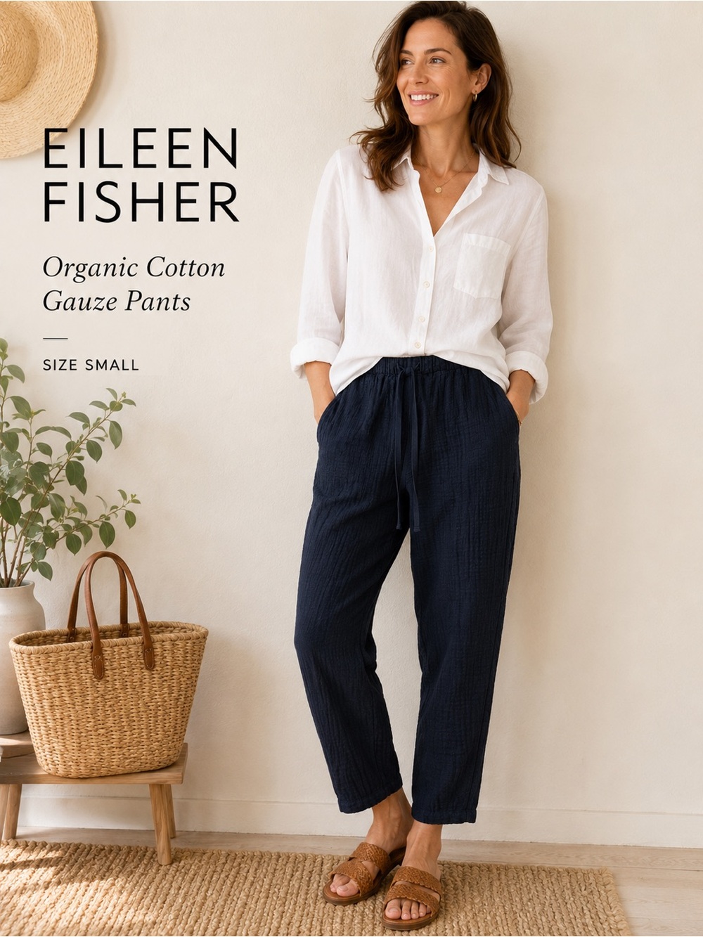 Eileen Fisher Organic Cotton Gauze Ankle Pants Navy Size Small